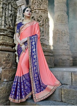 Peach Embroidered Designer Traditional Party Wear Saree