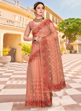 Peach Embroidered Engagement Classic Saree
