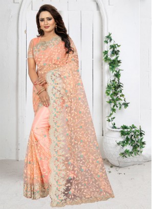 Peach Embroidered Party Trendy Saree