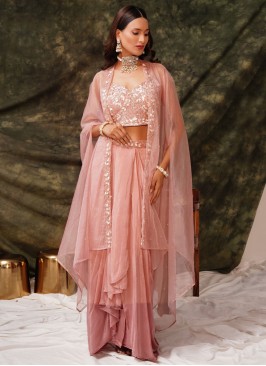 Peach Embroidered Pure Crepe Readymade Salwar Kameez