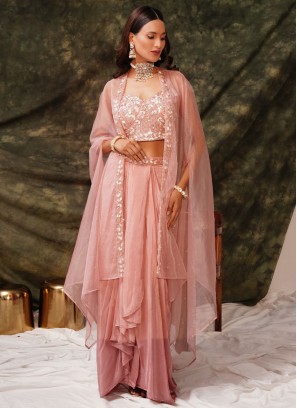 Peach Embroidered Pure Crepe Readymade Salwar Kameez