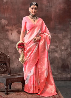 Peach Handloom silk Designer Saree