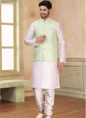 Pista Green Jacquard Banarasi Silk 3-Piece Jacket Set with Off-White Churidar Bottom.