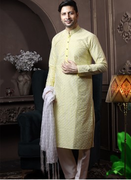 Neon Yellow Silk Kurta Pajama with Off-White ArtSi