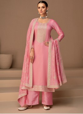 Peppy Embroidered Pink Silk Straight Salwar Kameez