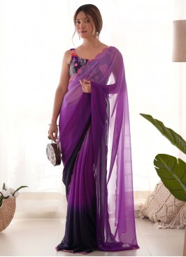 Perfect Cutwork Purple Faux Georgette Traditional Saree