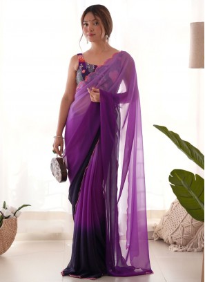 Perfect Cutwork Purple Faux Georgette Traditional Saree