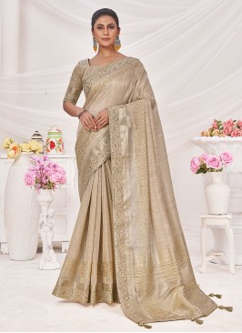 Perfect Embroidered Beige Silk Trendy Saree