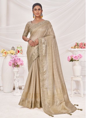 Perfect Embroidered Beige Silk Trendy Saree