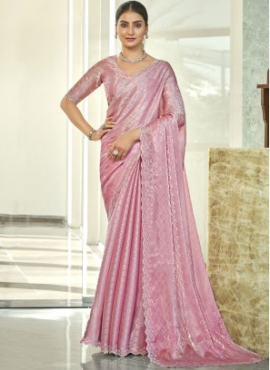 Perfect Pink Beads Silk Blend Designer Saree