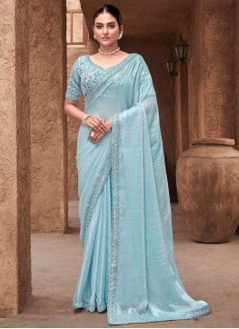 Perfect Satin Silk Embroidered Firozi Classic Designer Saree