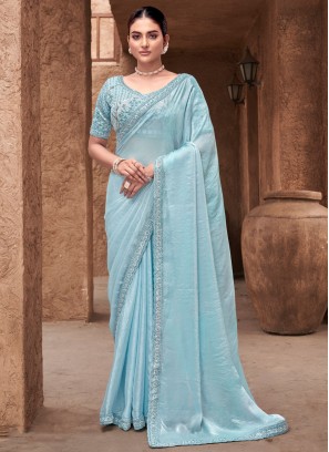 Perfect Satin Silk Embroidered Firozi Classic Designer Saree