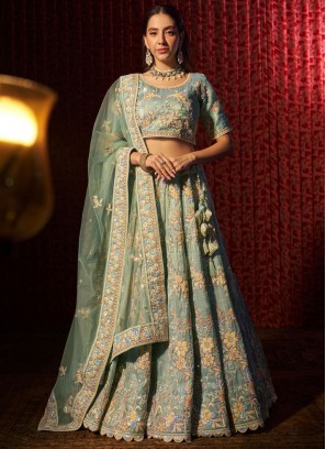 Phenomenal Thread Organza Aqua Blue Trendy Lehenga Choli