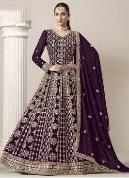 Picturesque Faux Georgette Embroidered Purple Anarkali Salwar Kameez