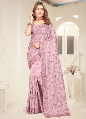 Picturesque Lavender and Pink Resham Tussar Silk Classic Saree