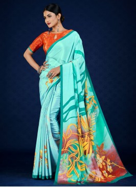 Picturesque Pure Crepe Firozi Designer Saree