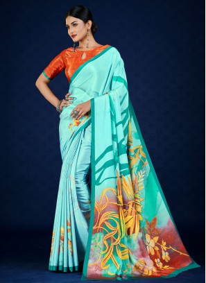 Picturesque Pure Crepe Firozi Designer Saree