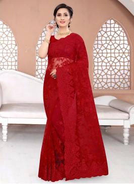 Picturesque Red Resham Net Designer Traditional Sa