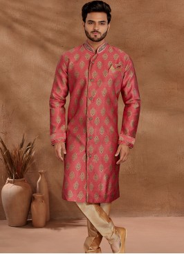 Pink and Chikoo Set with Jaqard Top and Art Silk Trousers Semi Sherwani.