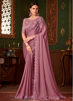 Pink and Purple Embroidered Party Traditional Saree