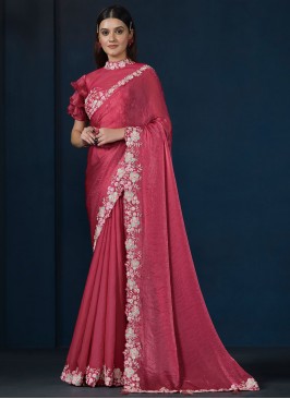 Pink and Rani Satin Silk Reception Classic Saree