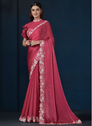 Pink and Rani Satin Silk Reception Classic Saree