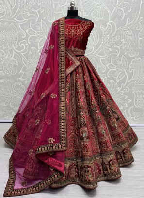 Pink and Rani Velvet Bridal Designer Lehenga Choli