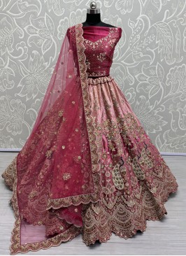 Pink and Rani Velvet Thread Lehenga Choli