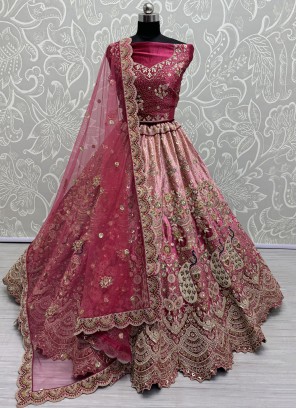 Pink and Rani Velvet Thread Lehenga Choli