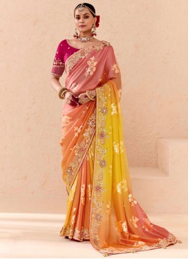 Pink and Yellow Embroidered Designer Saree