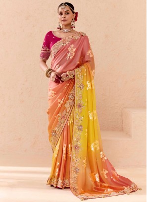 Pink and Yellow Embroidered Designer Saree