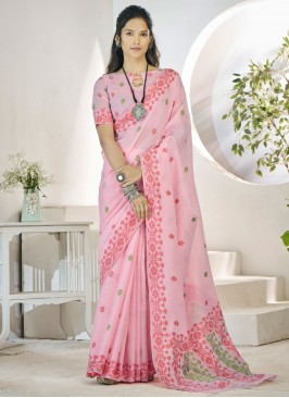 Pink Ceremonial Linen Traditional Saree