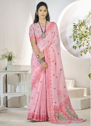 Pink Ceremonial Linen Traditional Saree