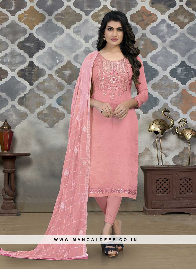 Pink Color Chanderi Dress Material