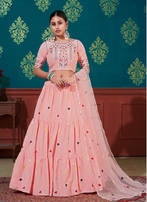 Pink Color Cotton Thread Work Party Wear Lehenga