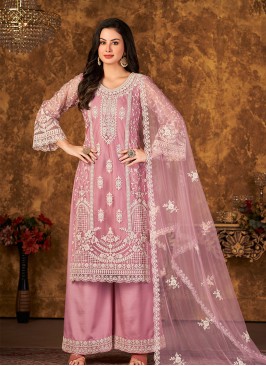 Pink Color Embroidered work Net Semi Stitched  Suit