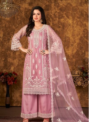Pink Color Embroidered work Net Semi Stitched  Suit