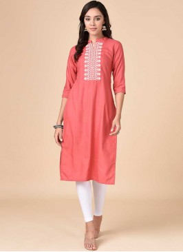 Pink Color Rayon Embroidered Fancy Kurti