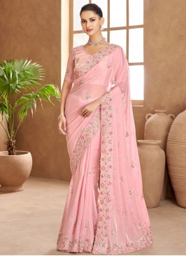 Pink Cutwork Satin Designer Saree