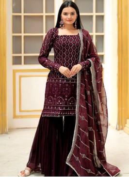 Wine Elegance: Faux Georgette Salwar Suit Set with Intricate Embroidery