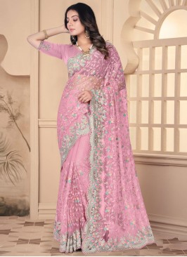 Pink Embroidered Net Designer Saree