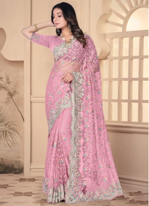 Pink Embroidered Net Designer Saree