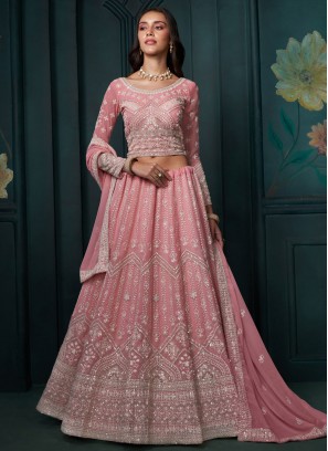 Pink Georgette Embroidered Trendy Lehenga Choli