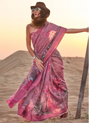 Pink Linen Print Classic Saree