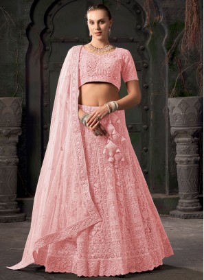 Pink Net Embroidered Readymade Lehenga Choli