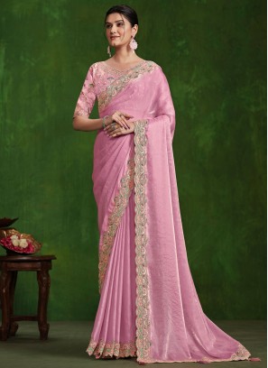 Pink Satin Silk Ceremonial Traditional Saree