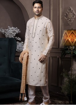 Light Phone Silk Kurta Pajama with Off-White PolySilk Trouser.