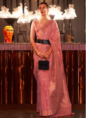 Pink Weaving Linen Trendy Saree