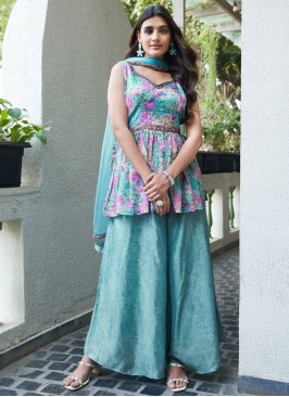 Piquant Chiffon Aqua Blue Printed Designer Salwar Kameez