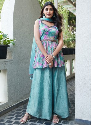 Piquant Chiffon Aqua Blue Printed Designer Salwar Kameez